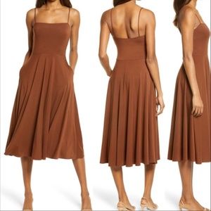 Reformation Square Neck Marianna Fit & Flare Chestnut Brown Midi Dress